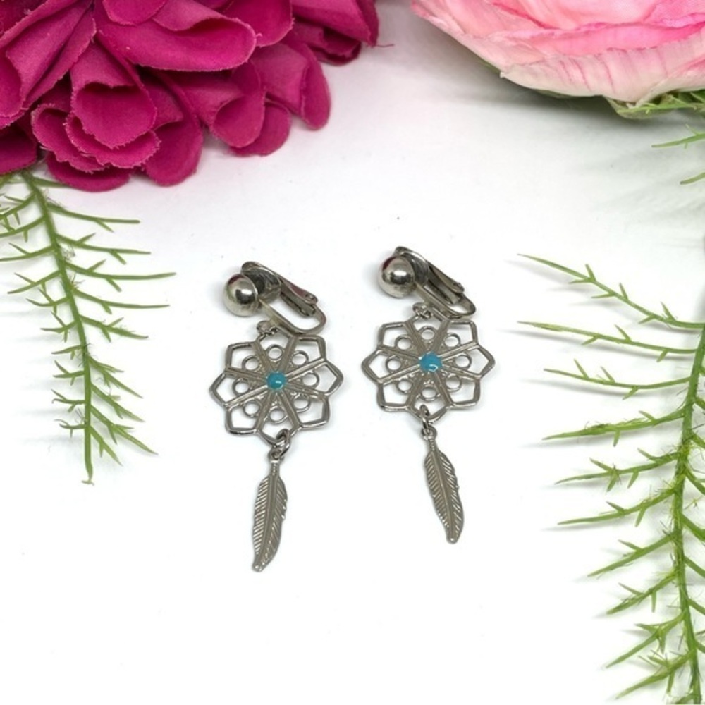 VINTAGE⚜️Dreamcatcher Feather Dangly Clip Earrings